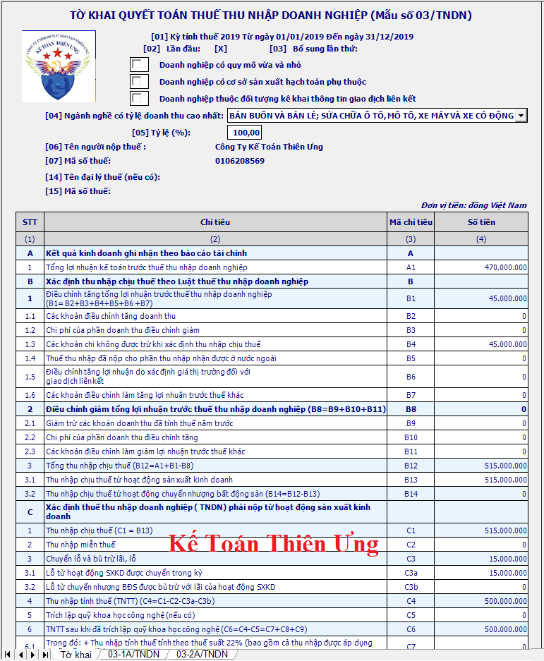 Mẫu tờ khai quyết toán thuế TNDN mẫu 03/TNDN Mẫu tờ khai quyết toán thuế TNDN mẫu 03/TNDN