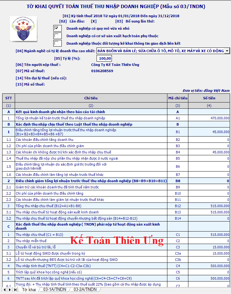Mẫu tờ khai quyết toán thuế TNDN mẫu 03/TNDN Mẫu tờ khai quyết toán thuế TNDN mẫu 03/TNDN