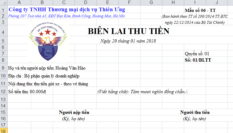 Mẫu biên lai thu tiền trên excel Mẫu biên lai thu tiền trên excel