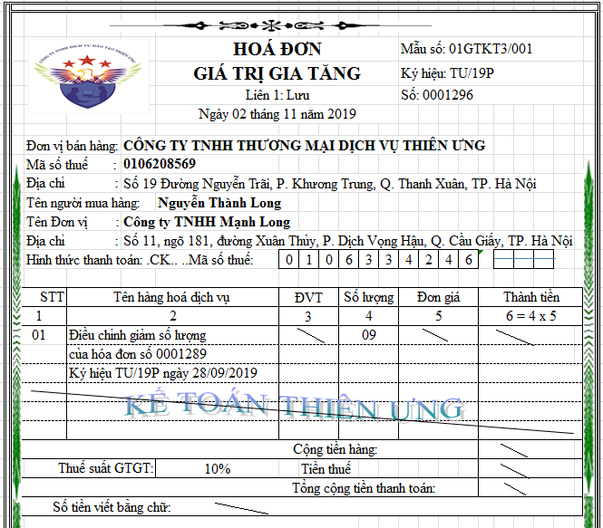 Mẫu hóa đơn điều chỉnh giảm số lượng Mẫu hóa đơn điều chỉnh giảm số lượng