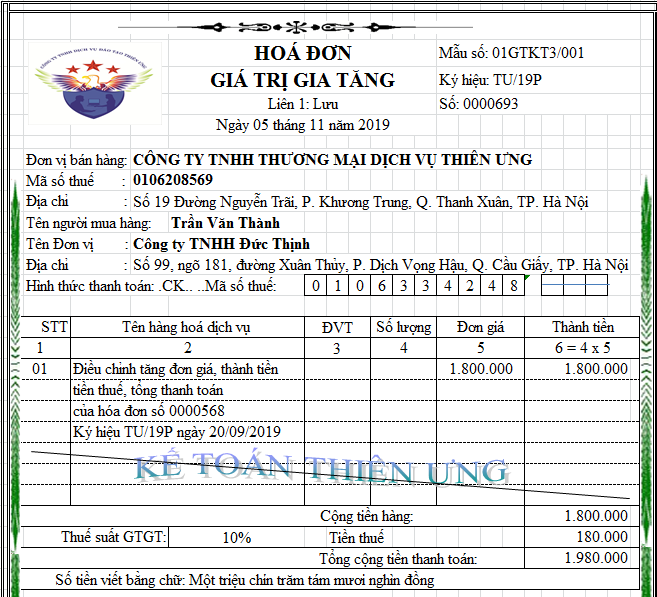 Mẫu hóa đơn điều chỉnh tăng đơn giá doanh thu Mẫu hóa đơn điều chỉnh tăng đơn giá doanh thu