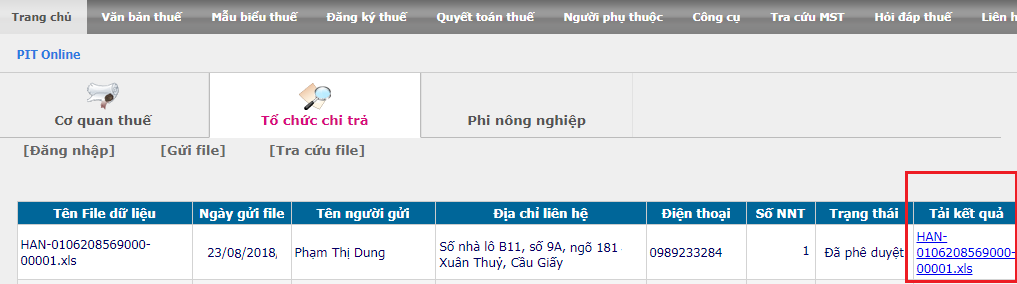 Kết quả đăng ký MST TNCN qua mạng Kết quả đăng ký MST TNCN qua mạng