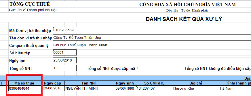 Kết quả đăng ký và nhận mã số thuế TNCN Kết quả đăng ký và nhận mã số thuế TNCN