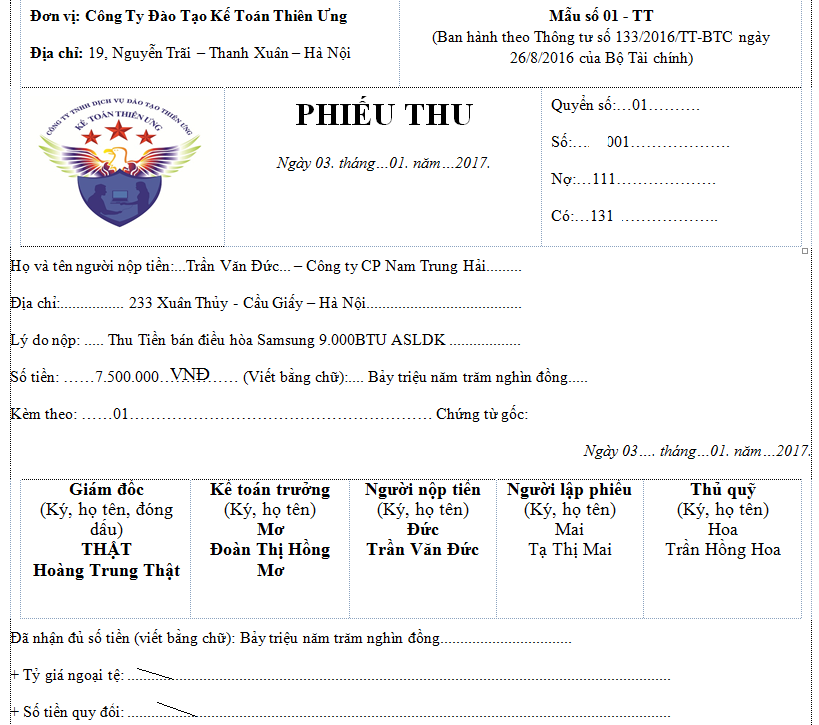 Mẫu phiếu thu theo thông tư 133 Mẫu phiếu thu theo thông tư 133