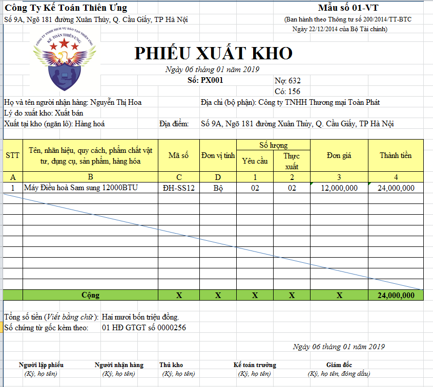 Mẫu phiếu xuất kho Excel mới nhất 2018 theo thông tư 200