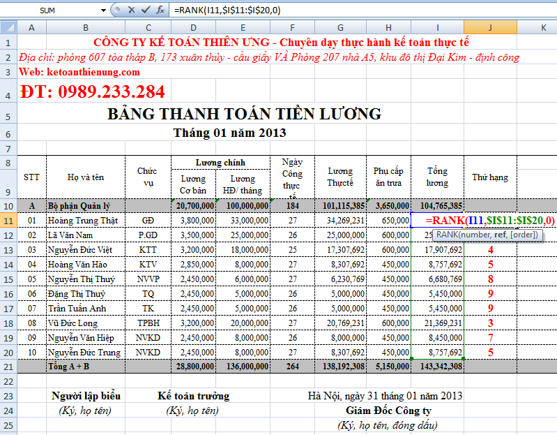 cách sử dụng hàm rank trong excel