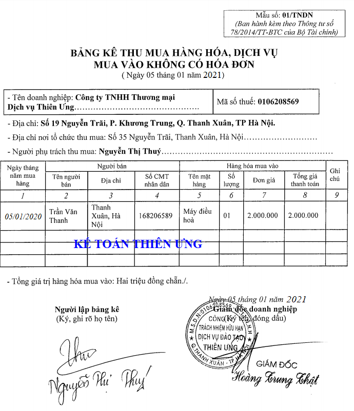 Mẫu bảng kê TNDN theo thông tư mới nhất