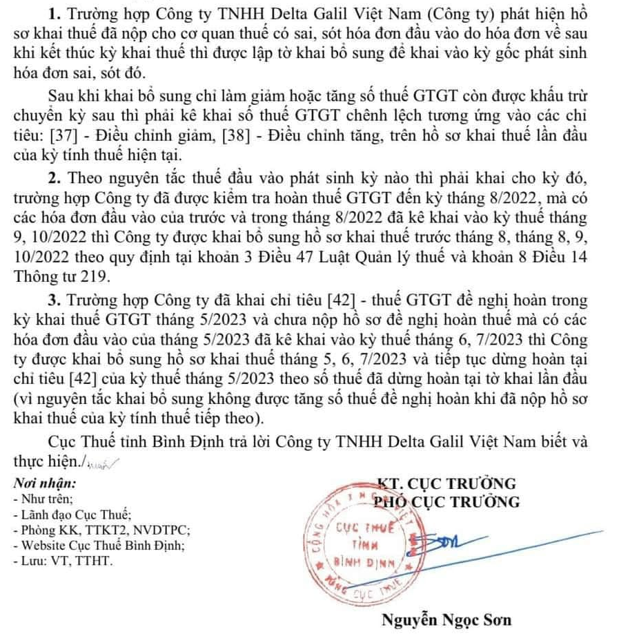 Công văn 3830/CTBDI-TTHT ngày 09/11/2023 của Cục thuế tỉnh Bình Định về về khai bổ sung thuế GTGT