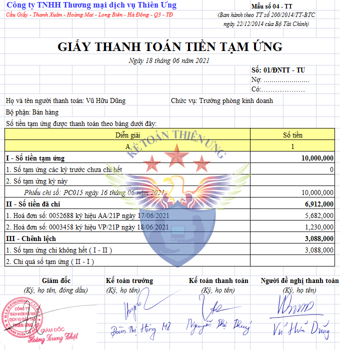 Mẫu giấy thanh toán tiền tạm ứng theo TT 200 (File Excel và Word ...